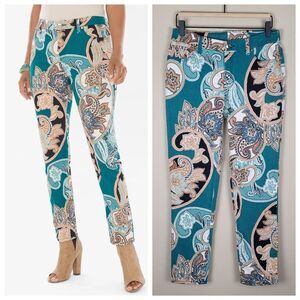 Chico's So Slimming Cool Paisley Girlfriend Slim Ankle Jeans Green US Size 2 XS